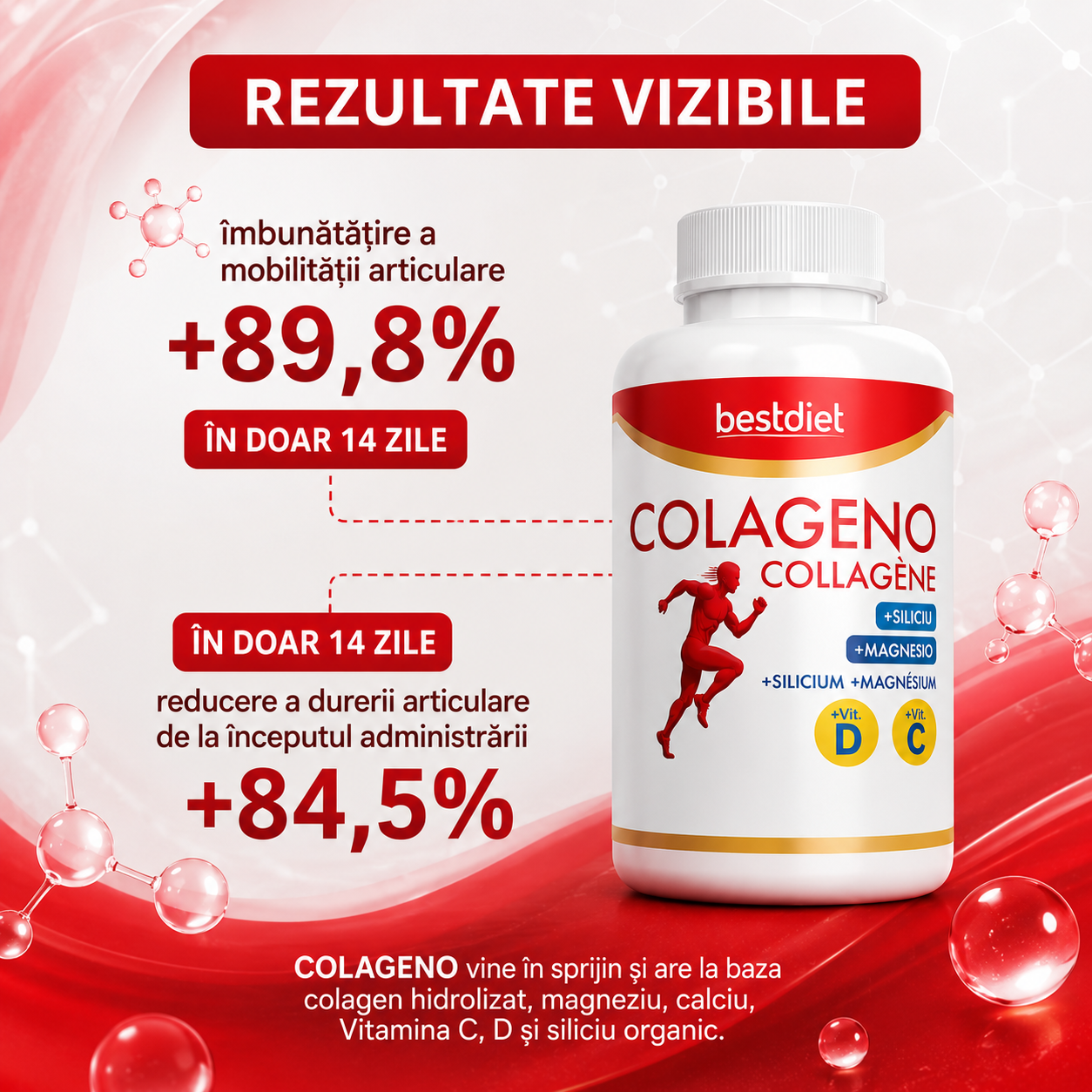 Colagen, Magneziu, Vitamina C, D si Siliciu Organic – 120 Tablete – Suport pentru articulatii, piele si oase